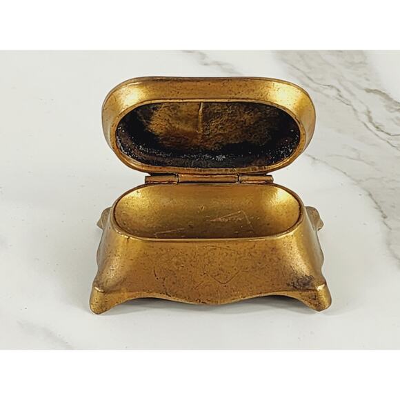 Rare Gold Brass Mini Trinket Coffin Chest Stamp Box 3 1/4" Home Art Decor Vtg - Picture 3 of 14